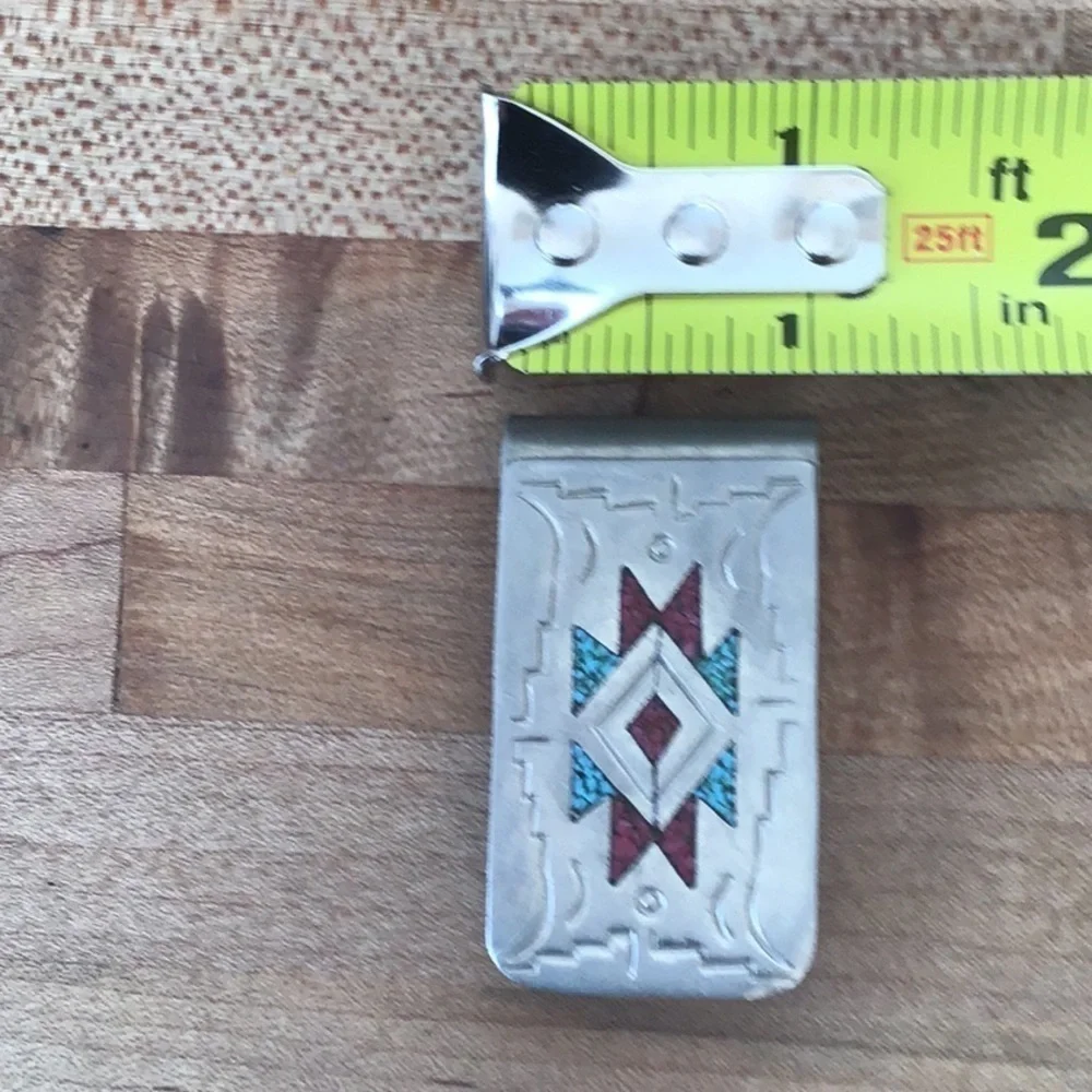 Vintage Navajo Silver & German Silver Money Clip / turquoise & Coral Chip Inlay